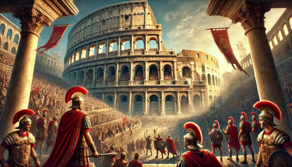„Römische Gladiatoren vor dem Kolosseum – dramatische Szene mit Soldaten und Zuschauern in antiker Arena-Atmosphäre.“