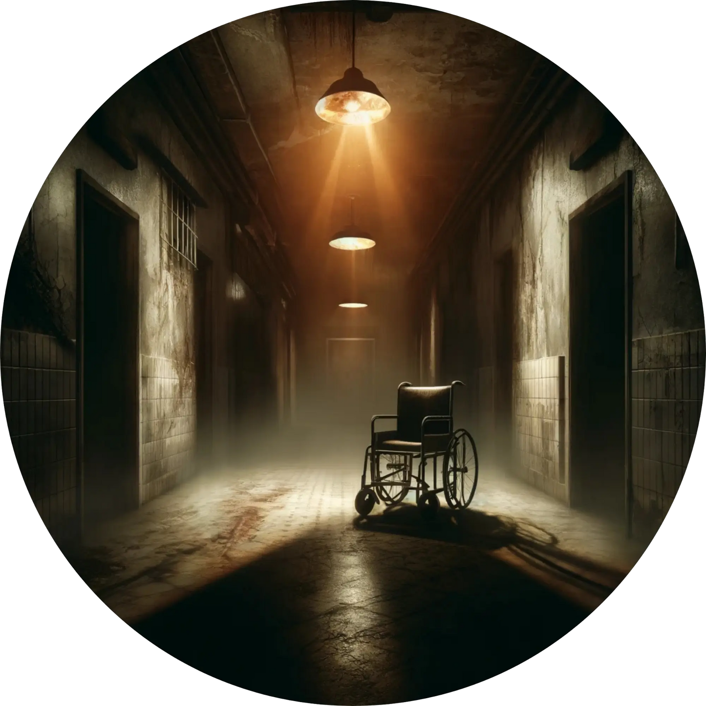 Verlassener Rollstuhl in dunklem Flur mit schwachem Lichtschein