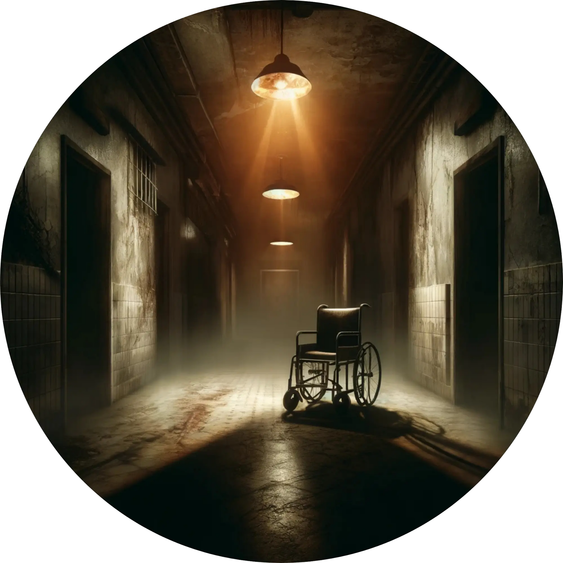 Verlassener Rollstuhl in dunklem Flur mit schwachem Lichtschein