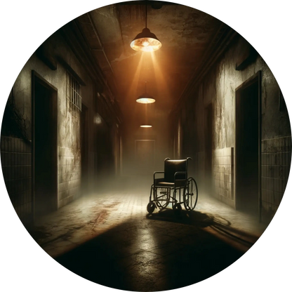 Verlassener Rollstuhl in dunklem Flur mit schwachem Lichtschein