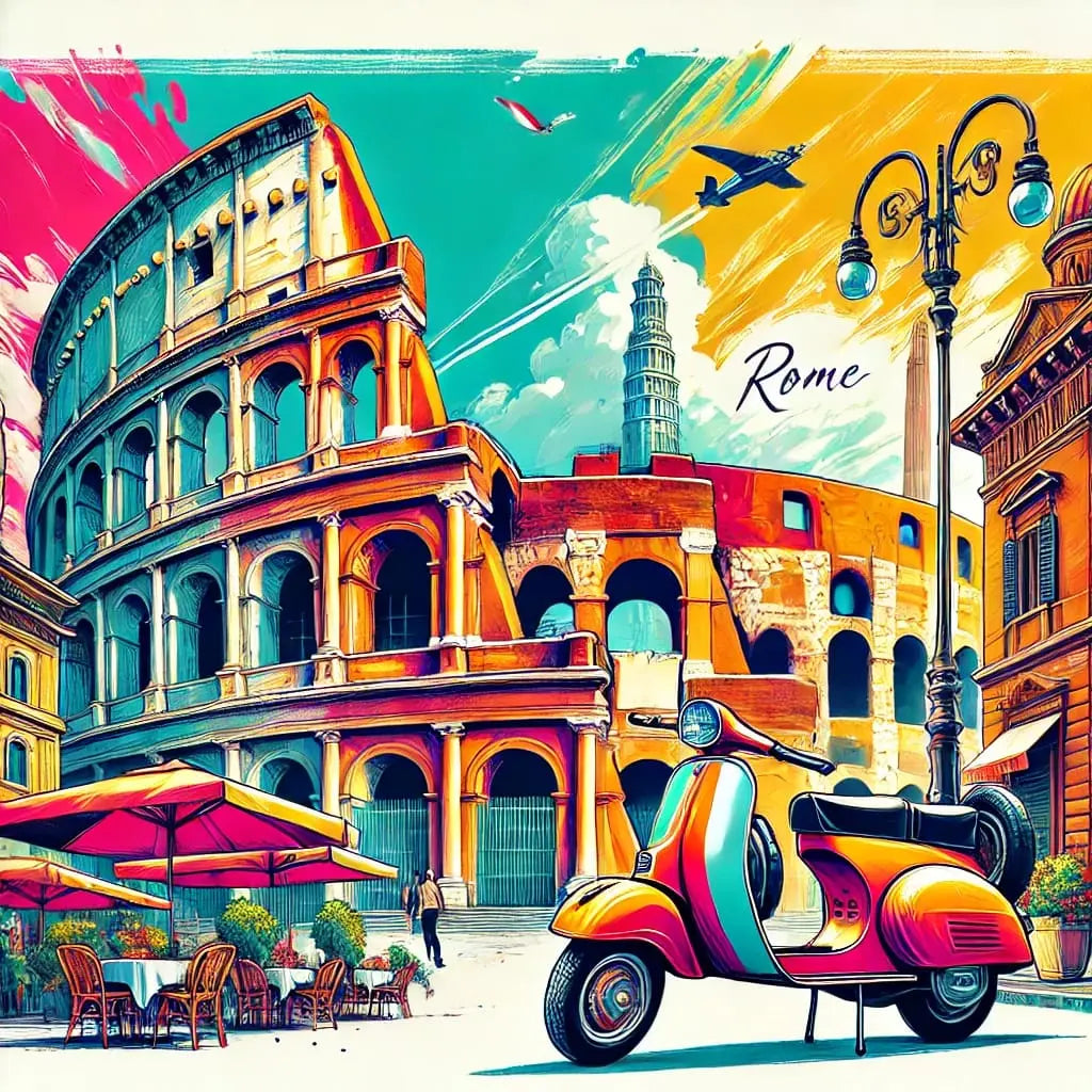 Rom mit Kolosseum und Vespa – Italienisches Flair mit antikem Bauwerk, Vespa-Roller und mediterranen Farben.