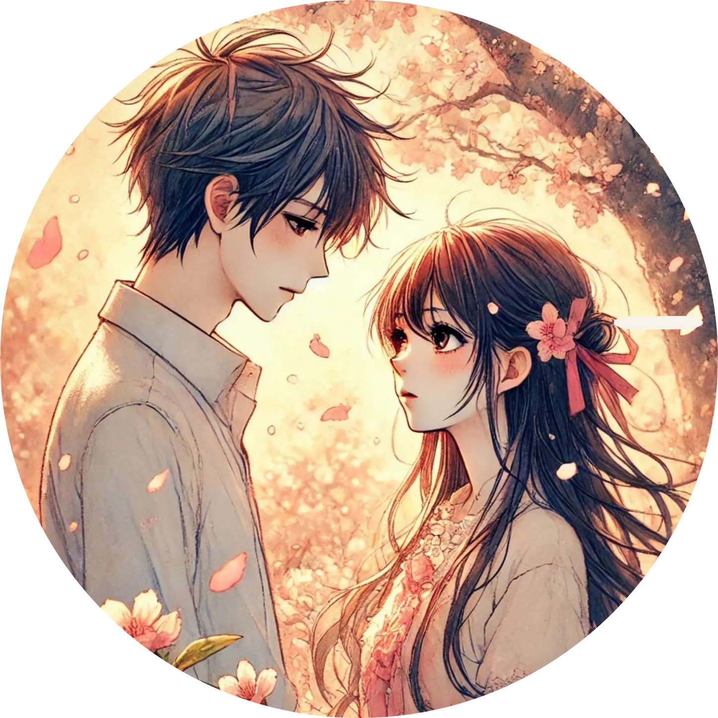 Romantische Anime-Szene mit verliebtem Paar im warmen Herbstlicht
