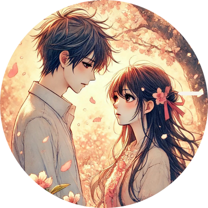 Romantische Anime-Szene mit verliebtem Paar im warmen Herbstlicht
