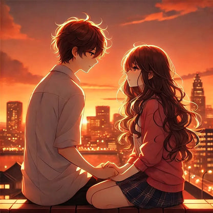 Romantische Szene mit Sonnenuntergang – Manga-Pärchen sitzt sich gegenüber.