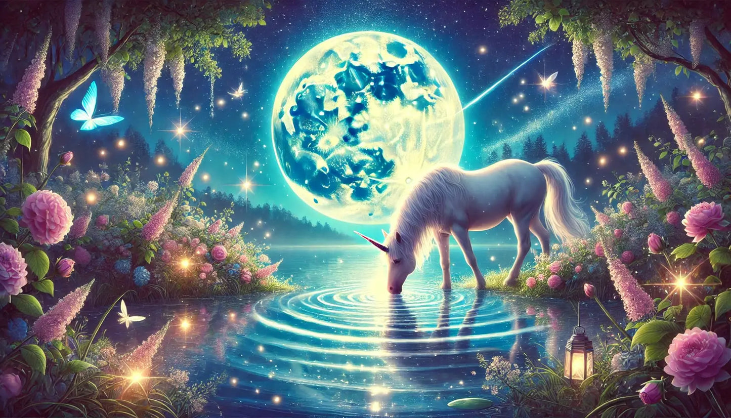 Einhorn bei Vollmond, steht an einem Teich, von leuchtenden Blüten umgeben