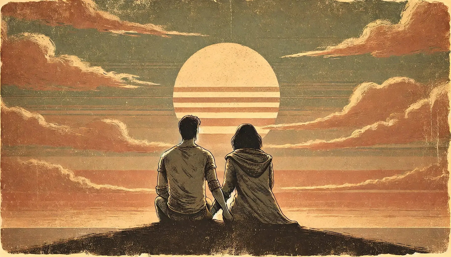 Stilisiertes Paar sitzt beim Sonnenuntergang auf einem Hügel und hält sich an den Händen