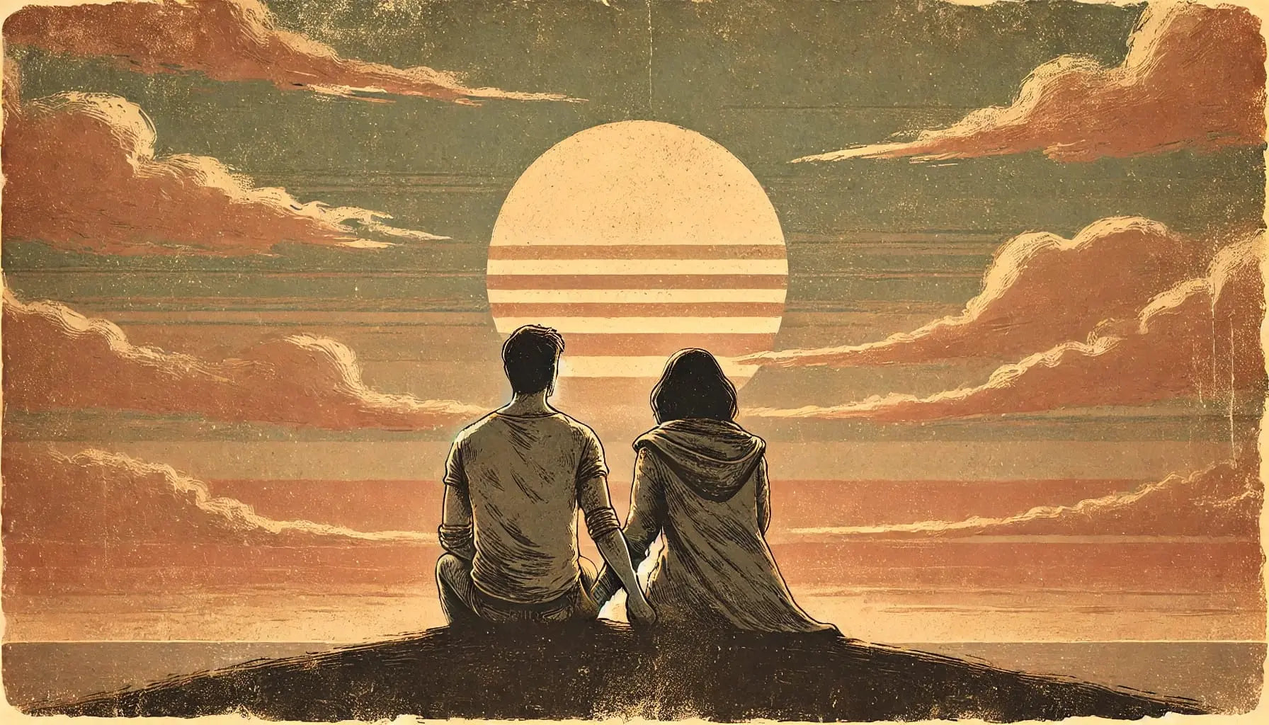 Stilisiertes Paar sitzt beim Sonnenuntergang auf einem Hügel und hält sich an den Händen