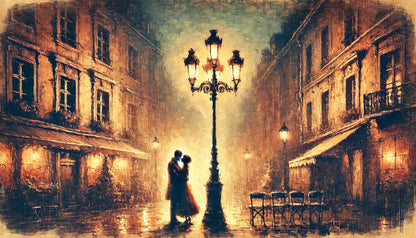 Romantisches Paar unter Straßenlaterne bei Nacht in malerischer Altstadt