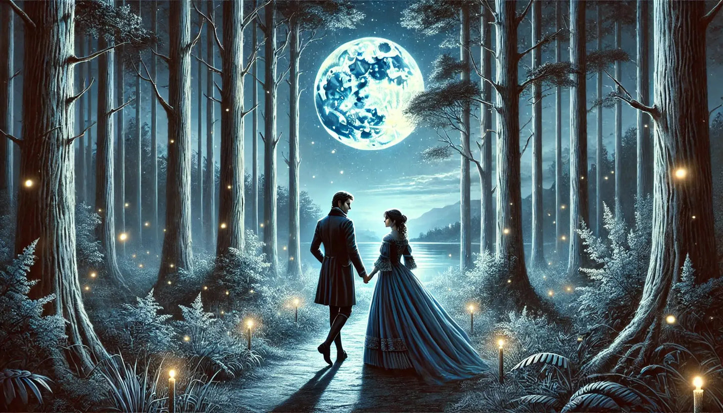 Paar im historischen Look unter großem Vollmond im nächtlichen Wald