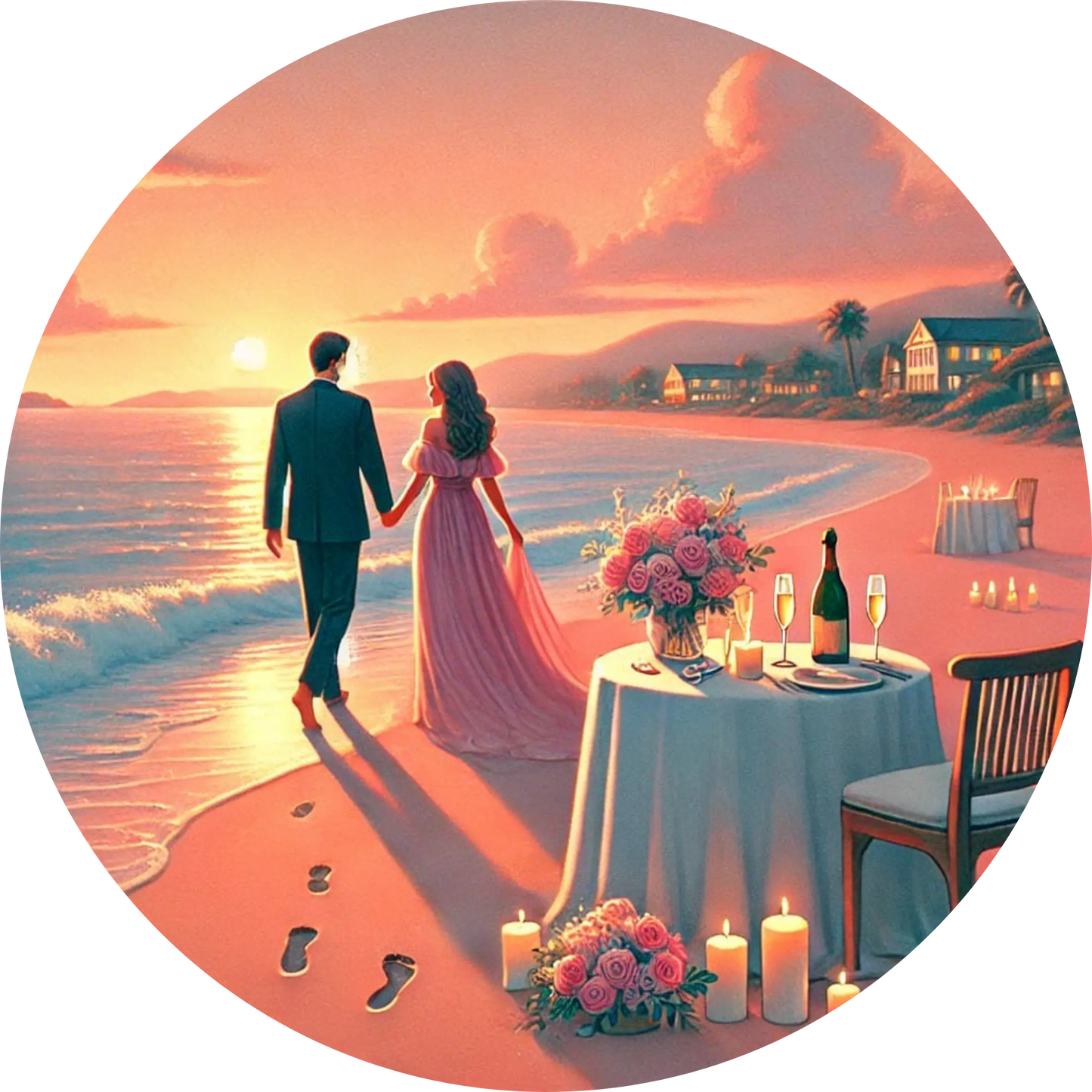 Romantische Strandhochzeit mit gedecktem Tisch im Sonnenuntergang.