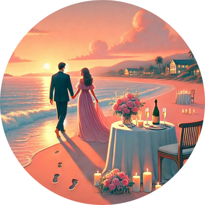 Romantische Strandhochzeit mit gedecktem Tisch im Sonnenuntergang.