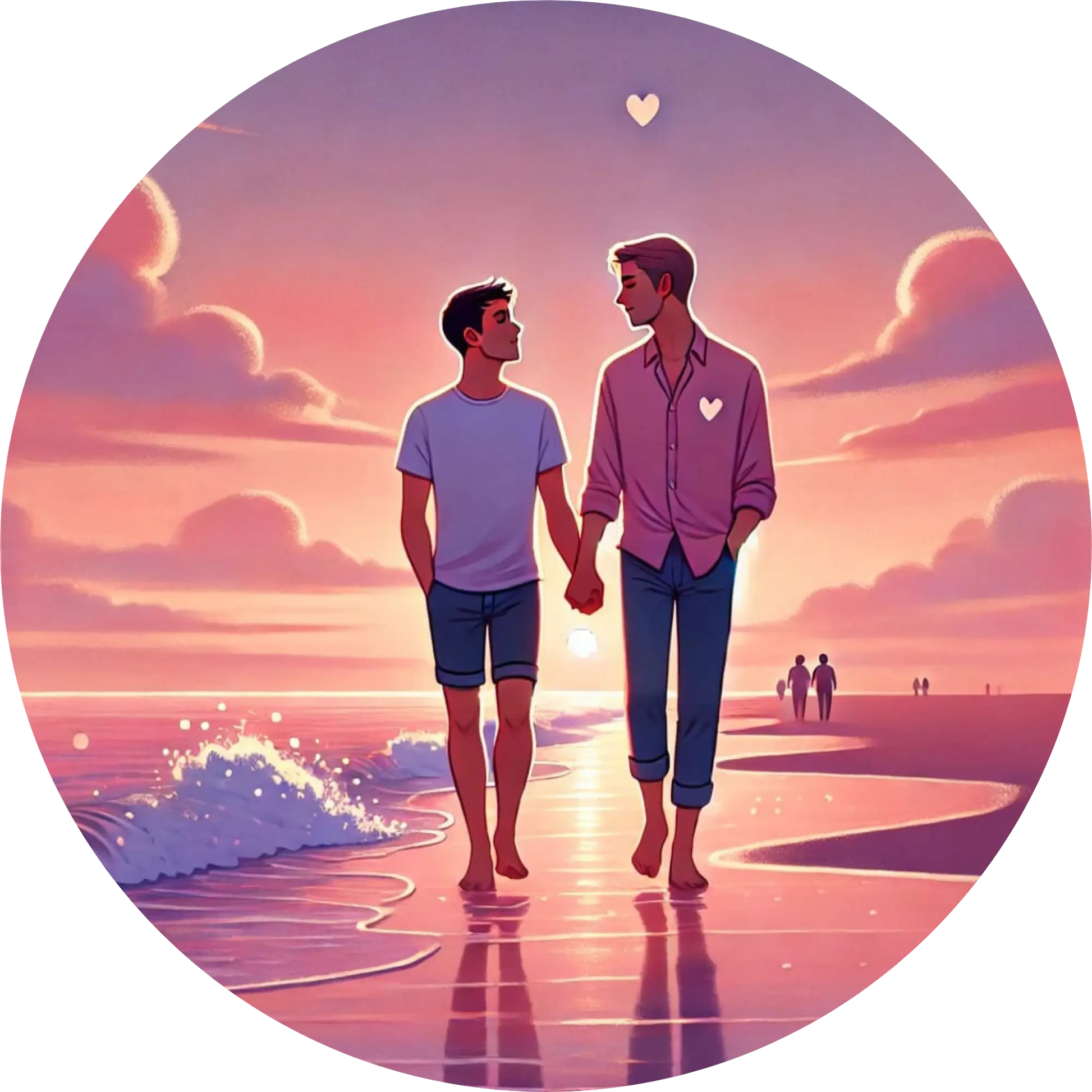 Zwei Männer spazieren am Strand bei Sonnenuntergang, Händchen haltend.