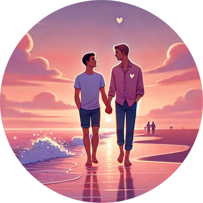 Zwei Männer spazieren am Strand bei Sonnenuntergang, Händchen haltend.