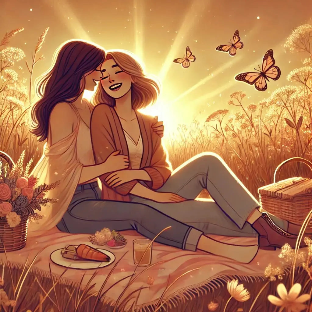 Zwei Frauen lachen verliebt im Gras, lesbisches Paar im warmen Licht – Freude, Natur und Intimität.