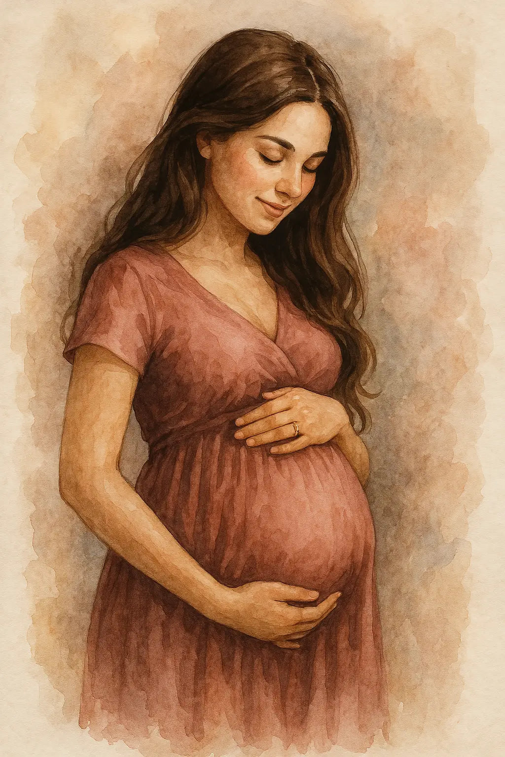 Aquarellporträt einer schwangeren Frau mit rosa Kleid – sanftes Lächeln und ruhiger Ausdruck vor weichem Hintergrund.