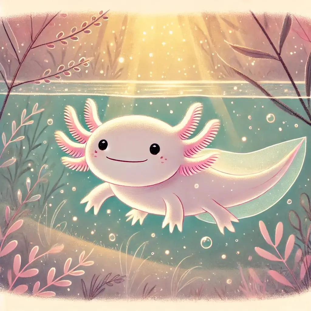Axolotl auf lila Wasserpflanzen mit Glitzer-Effekt