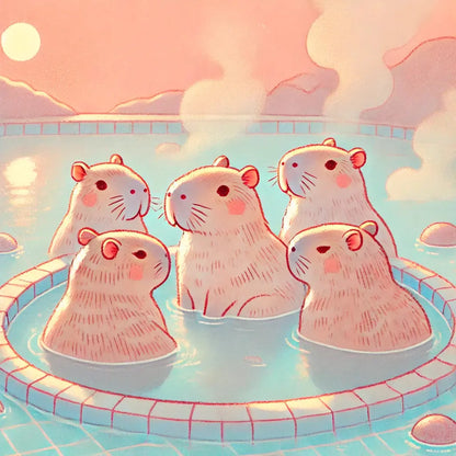 Fünf rosa Capybaras in einem pastelligen Pool – niedlich und verspielt