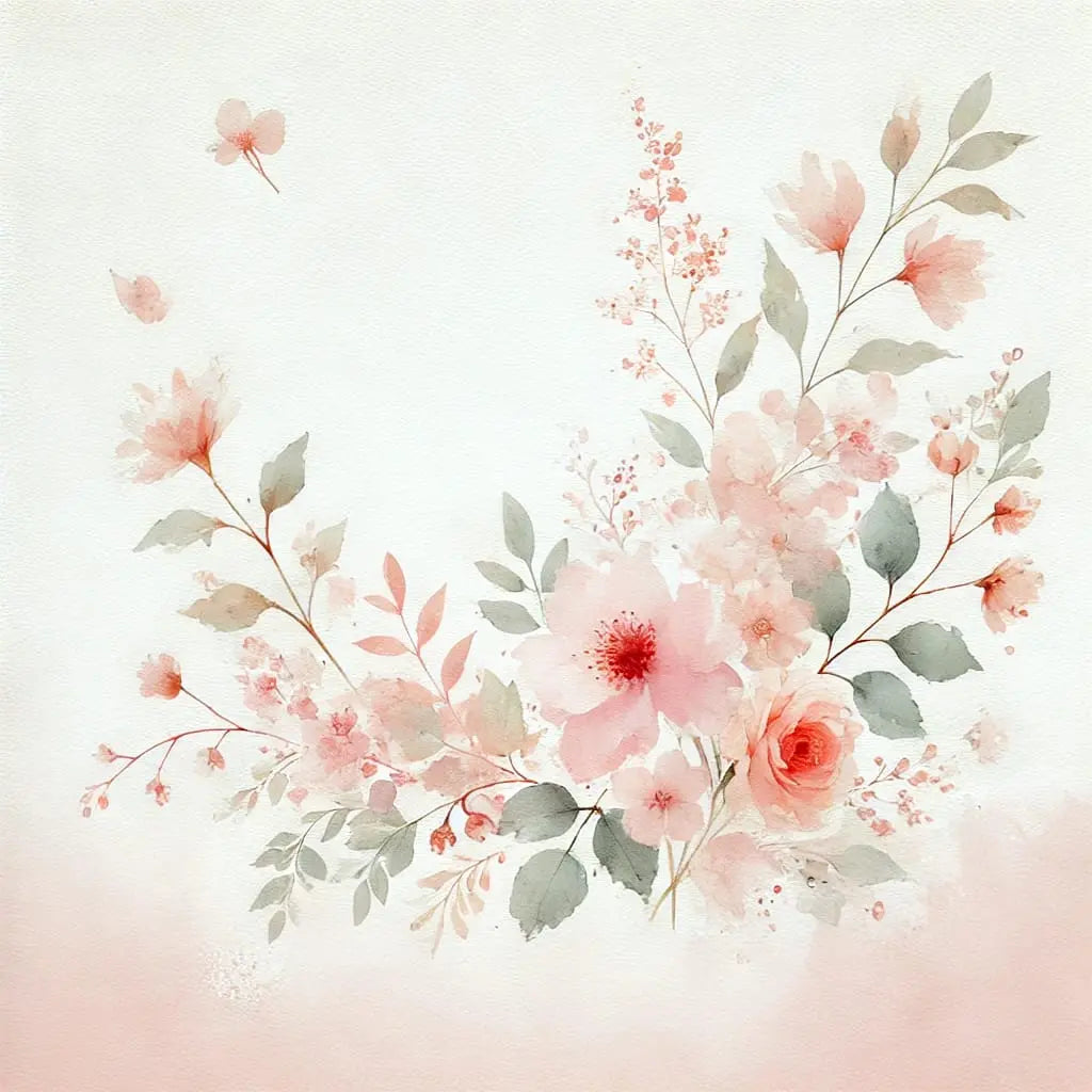 Florales Aquarelldesign mit sanften Rosa- und Grüntönen – zarte Blüten und Blätter in Aquarelloptik auf hellem Hintergrund.