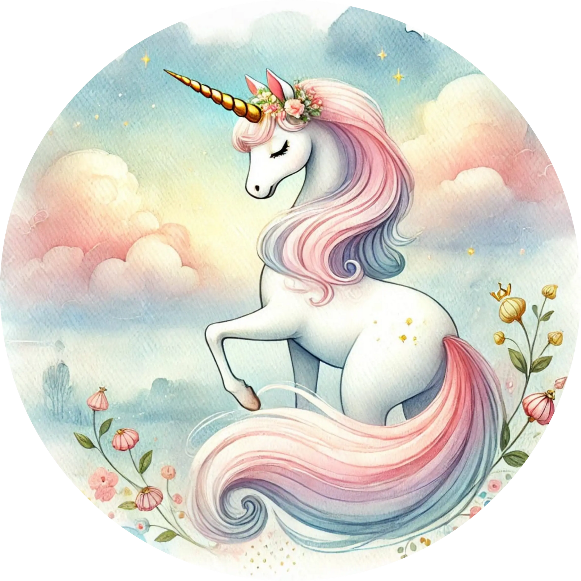 Rosa Einhorn springt zwischen Sternen in Aquarelloptik
