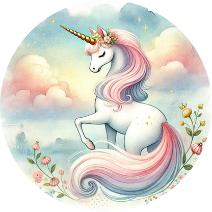 Rosa Einhorn springt zwischen Sternen in Aquarelloptik
