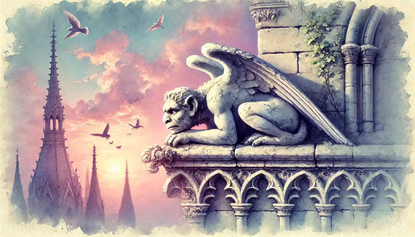 Liegender Gargoyle, im Hintergrund rosa-lila Himmel mit Tauben und Kirche. Ein zartes, märchenhaftes Bild.