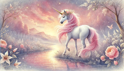 Pinker Pegasus auf Blumenwiese – Ein märchenhafter Pegasus mit rosa Mähne steht zwischen Blüten und Sonnenstrahlen.