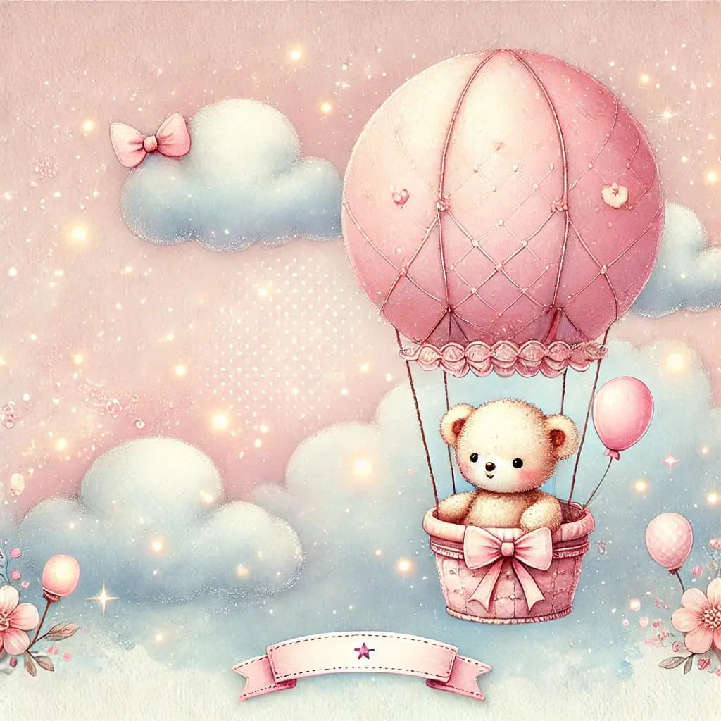 Niedlicher Teddybär in einem rosafarbenen Heißluftballon, umgeben von Wolken, Sternen und Blumen – ideal für Baby-Mädchen-Motive.