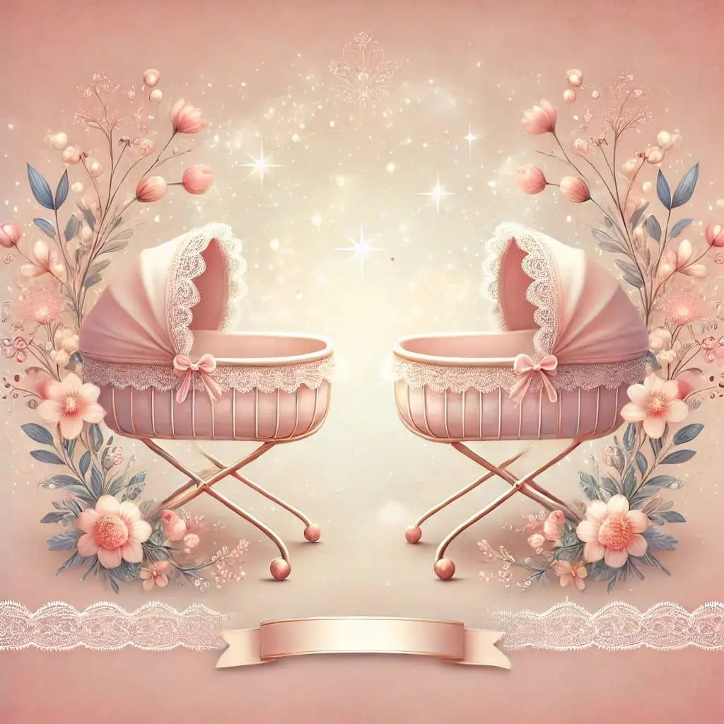 Zwei zarte, rosa Babywiegen mit Spitzendetails, umgeben von floralen Elementen auf funkelndem Hintergrund – ideal für Zwillinge oder eine elegante Babyfeier.