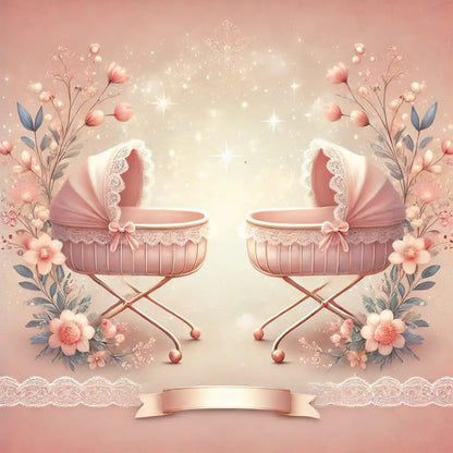 Zwei zarte, rosa Babywiegen mit Spitzendetails, umgeben von floralen Elementen auf funkelndem Hintergrund – ideal für Zwillinge oder eine elegante Babyfeier.