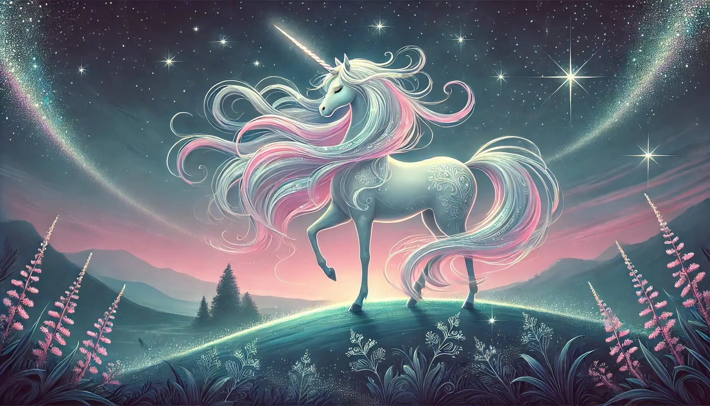 Traumhafte Landschaft mit rosa Magiewolke – Magische Szene mit  Einhorn, lichtdurchflutetem Himmel und einem spiralförmigen rosa Lichtwirbel.