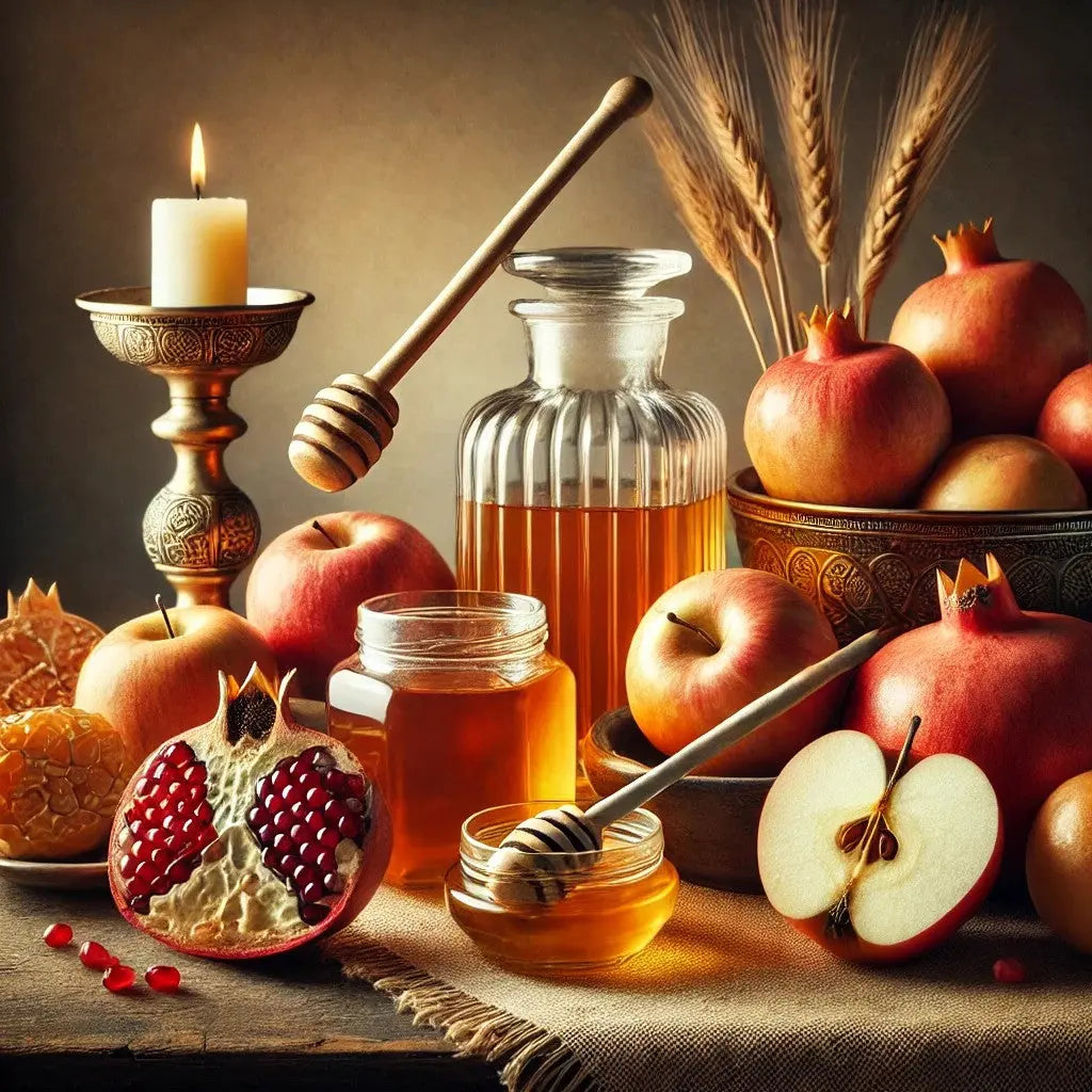 Goldene Festtafel mit Kerzen, Obst und Geschirr für jüdisches Neujahr (Rosch Haschana)