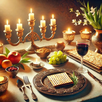 Goldene Festtafel mit Kerzen, Obst und Geschirr für jüdisches Neujahr (Rosch Haschana)