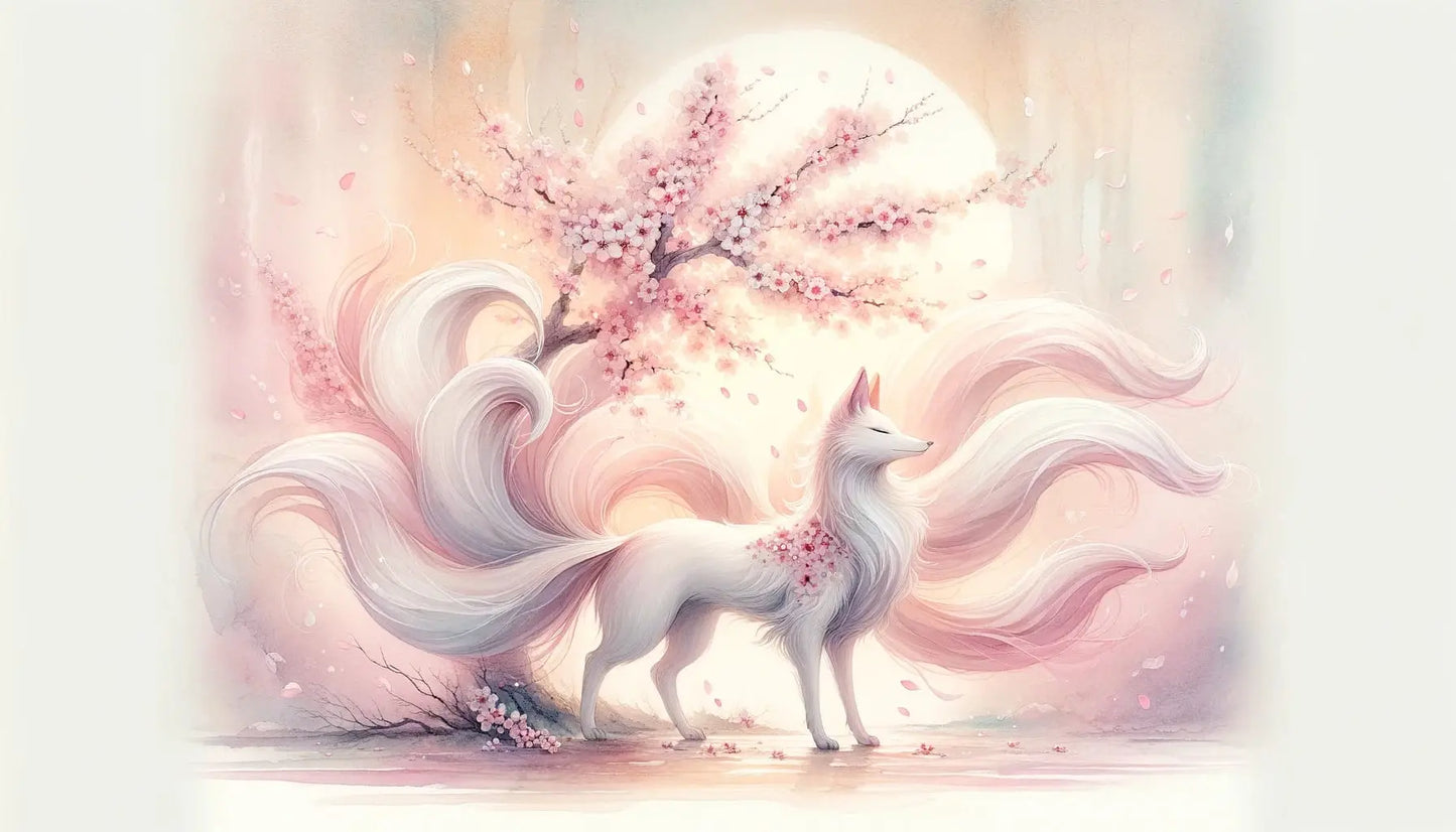  Rosafarbenes Kitsune im rosa Nebel und Kirschblüten 