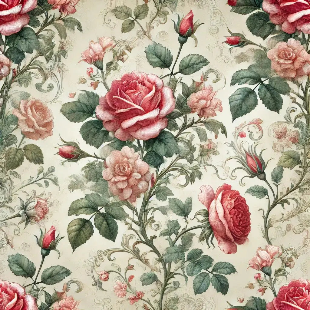 Romantisches Rosendesign mit verschiedenen Blütenstadien und grünem Blattwerk im Vintage-Stil