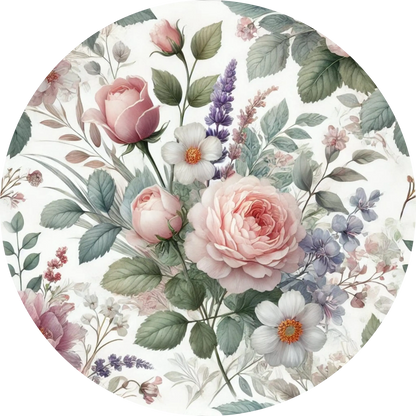 Romantisches Blütenarrangement mit Rosen, Lavendel und Eukalyptus