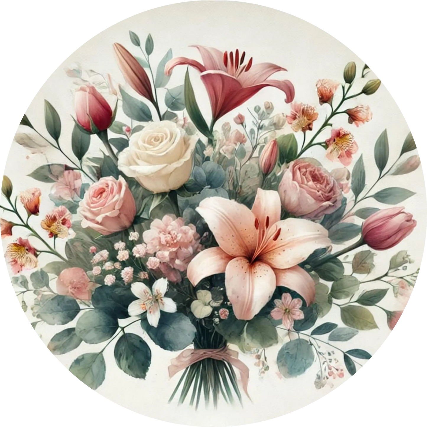 Üppiger Strauß aus Rosen und Lilien auf weißem Hintergrund