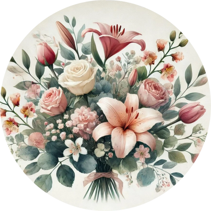 Üppiger Strauß aus Rosen und Lilien auf weißem Hintergrund