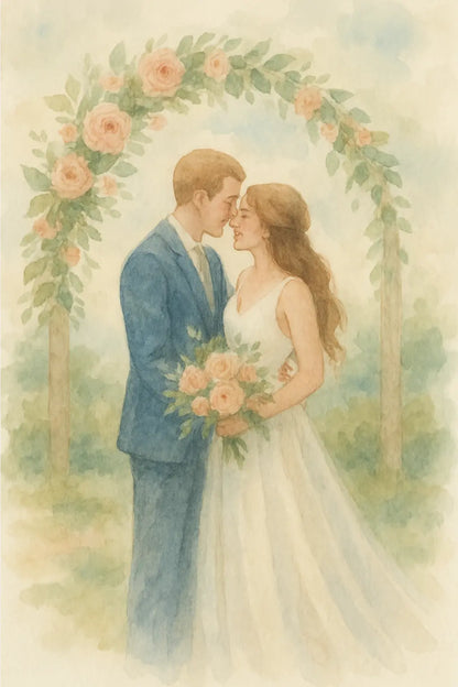 Braut und Bräutigam in Aquarellstil unter einem Rosenbogen, mit sanften Farben und verträumtem Hintergrund.