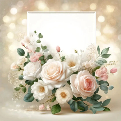  Opulentes Blumenarrangement mit weißen und rosafarbenen Rosen vor funkelndem Hintergrund – perfekt für romantische Anlässe.