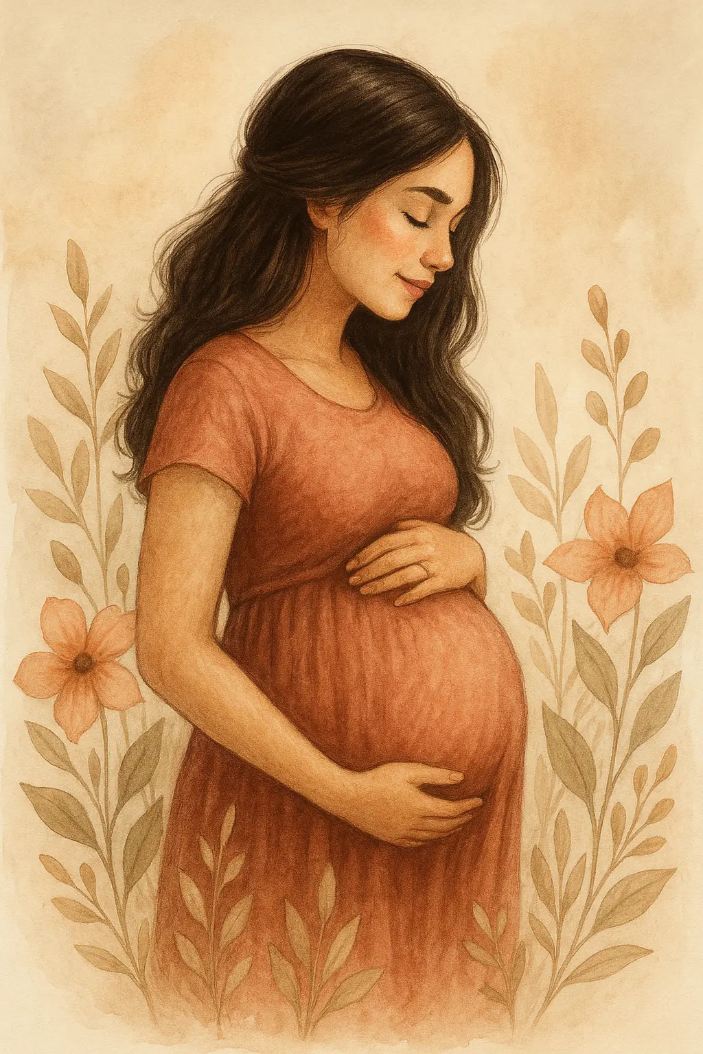 Illustration einer schwangeren Frau mit dunklem Haar und rotem Kleid – florale Elemente umrahmen das Motiv sanft.