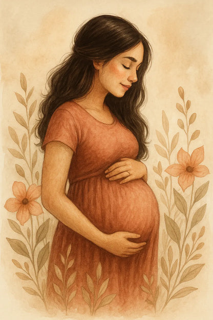 Illustration einer schwangeren Frau mit dunklem Haar und rotem Kleid – florale Elemente umrahmen das Motiv sanft.