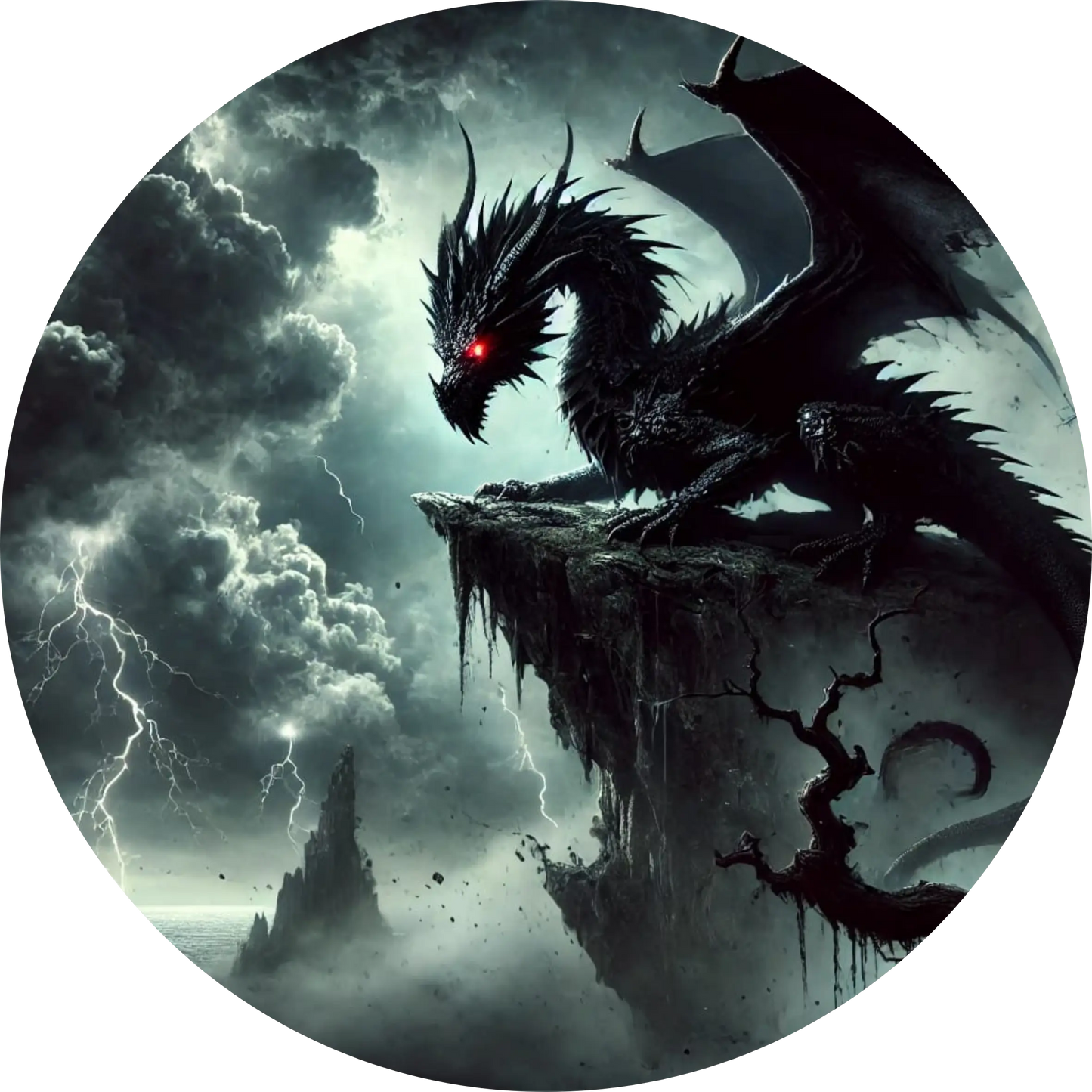 Schwarzer Drache mit roten Augen auf Felsvorsprung im Sturm