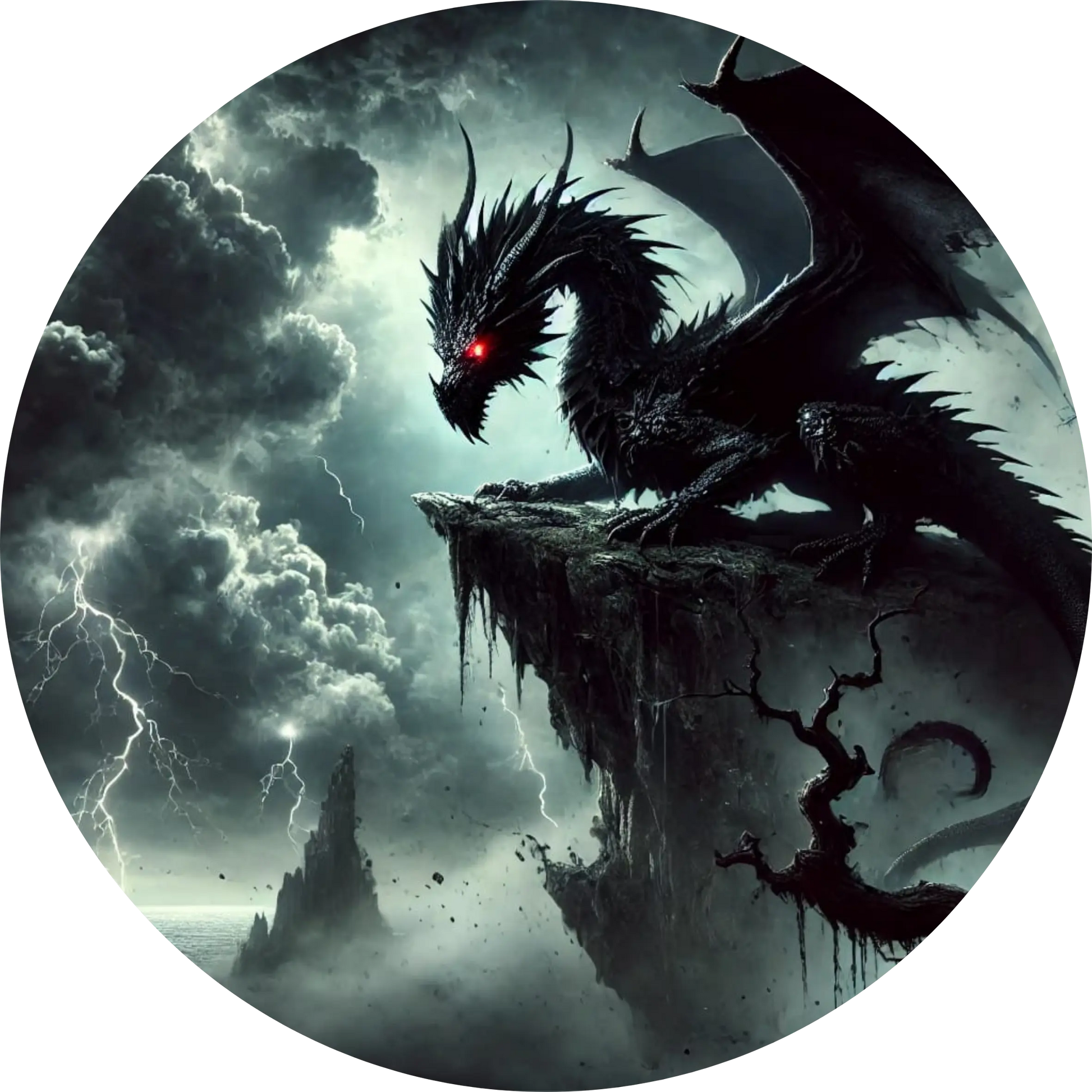 Schwarzer Drache mit roten Augen auf Felsvorsprung im Sturm