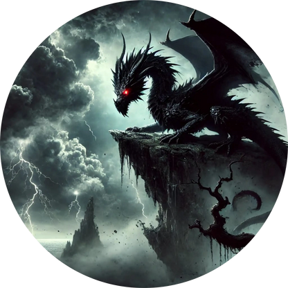Schwarzer Drache mit roten Augen auf Felsvorsprung im Sturm