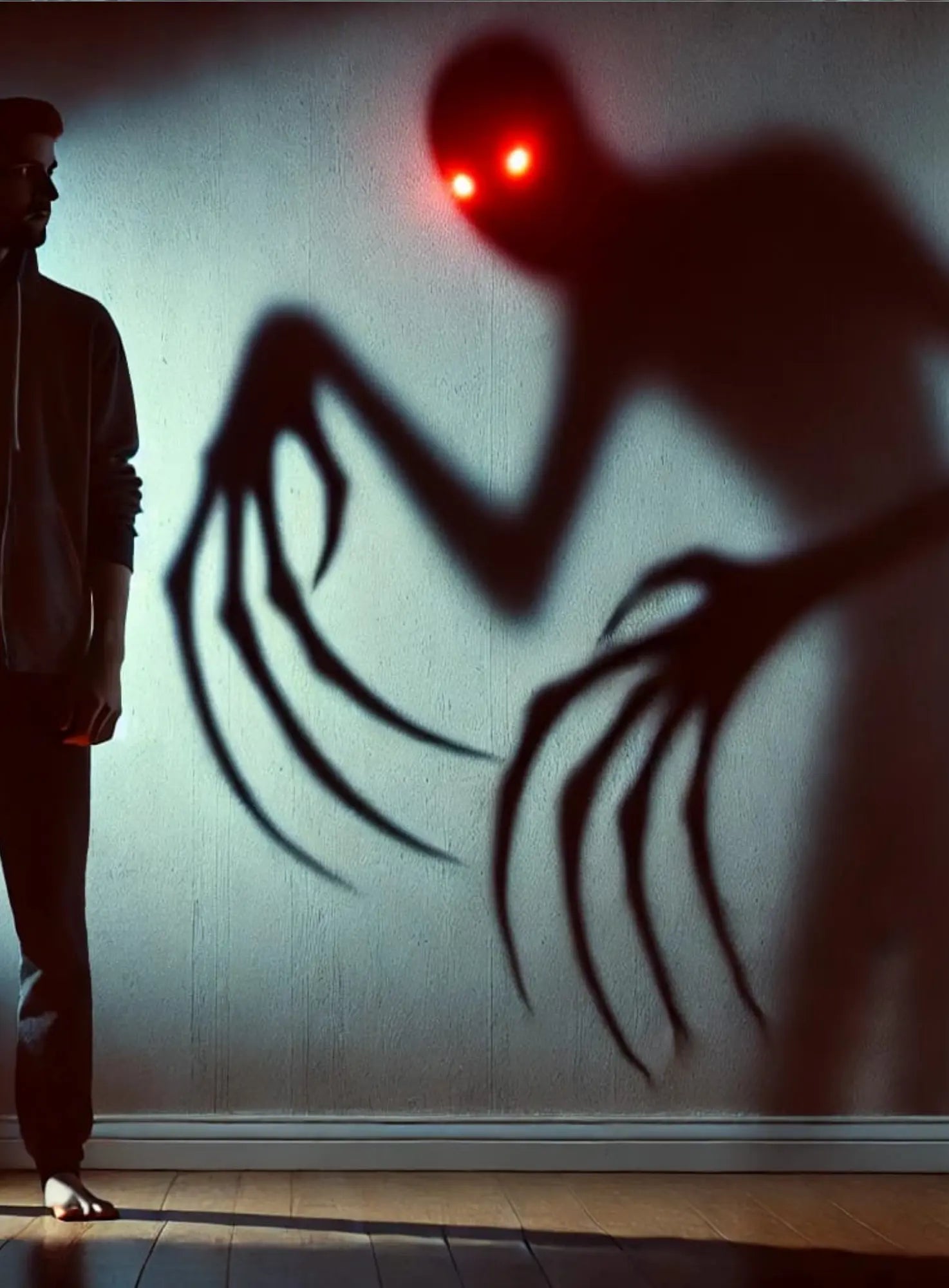 Ein unheimliches Wesen mit langen Spinnenbeinen und glühend roten Augen kriecht bedrohlich durch die Dunkelheit – ein wahrgewordener Albtraum