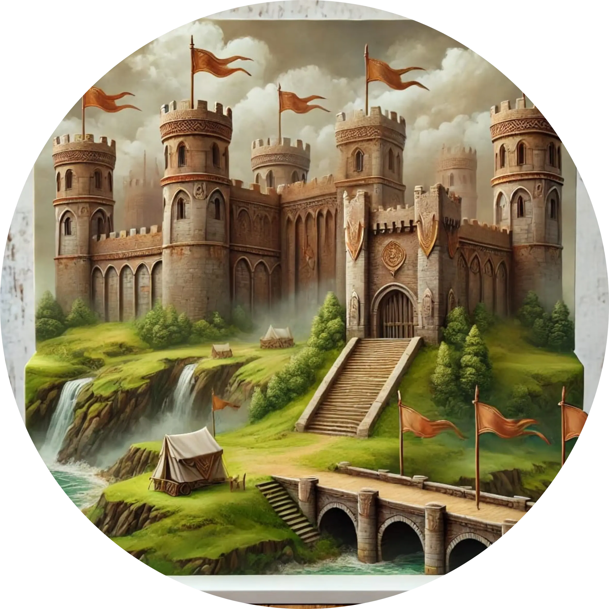 Rote Burg mit runden Türmen und Zinnen, in ruhiger Landschaft mit Wiesen und Fluss.