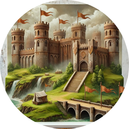 Rote Burg mit runden Türmen und Zinnen, in ruhiger Landschaft mit Wiesen und Fluss.