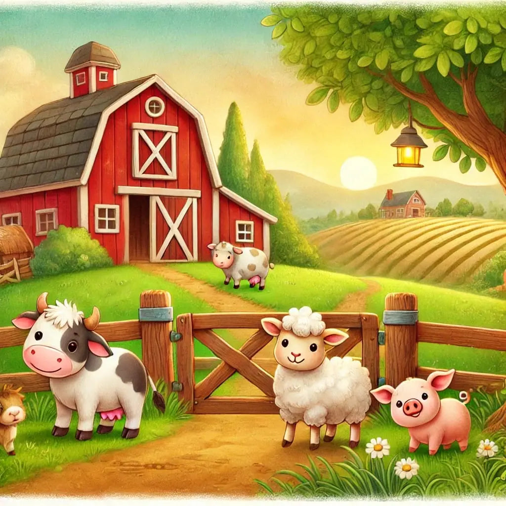 Bauernhof mit roten Scheunen und grasenden Schafen.