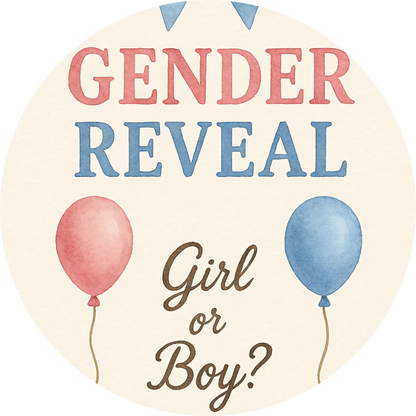 „Gender Reveal – Girl or Boy?“ mit rosa und blauem Luftballon