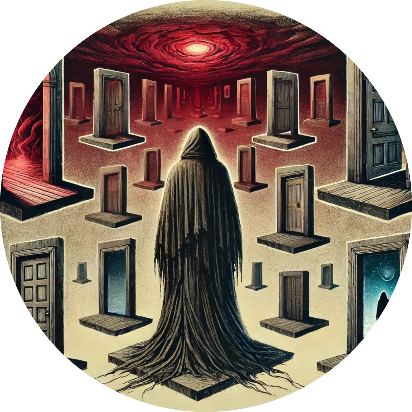 Frau im schwarzen Kleid vor bedrohlichem, labyrinthischem Gebäude mit rotem Himmel